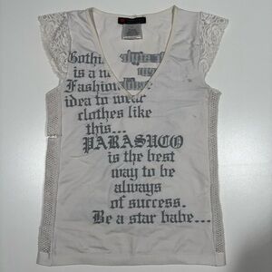Y2K Parasuco Gothic Mesh Lace Graphic Tee - White - Size Small